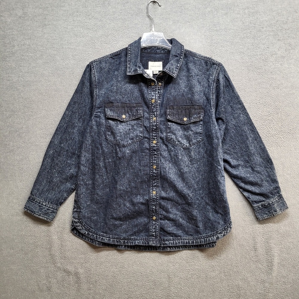 American Eagle Women Top Small‎ Blue Denim Button Up Collar Pearl Snap Western